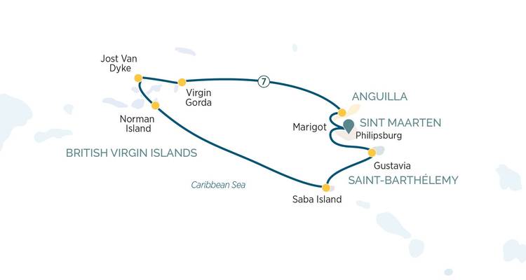 Mapa ilustrado de crucero alrededor de las Islas de Sotavento y Saint-Barthélemy.