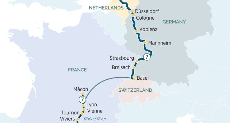 Carte de croisière Rhône et Rhin reliant Lyon à Düsseldorf et aux Pays-Bas.