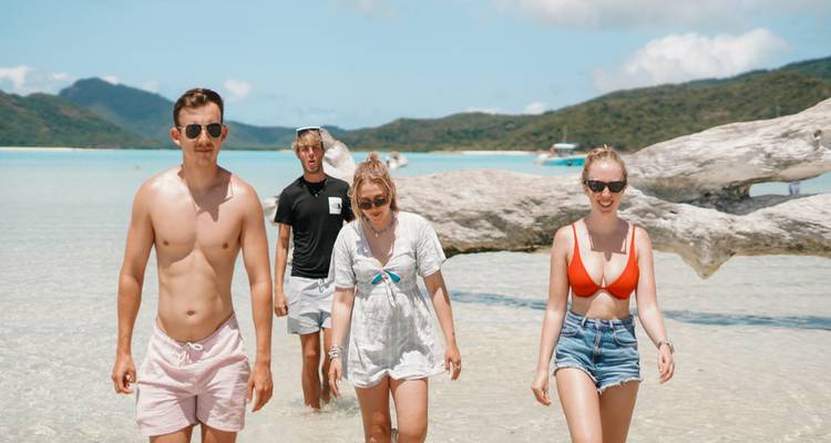 Four friends wading through crystal-clear shallow water on a tropical sandbank