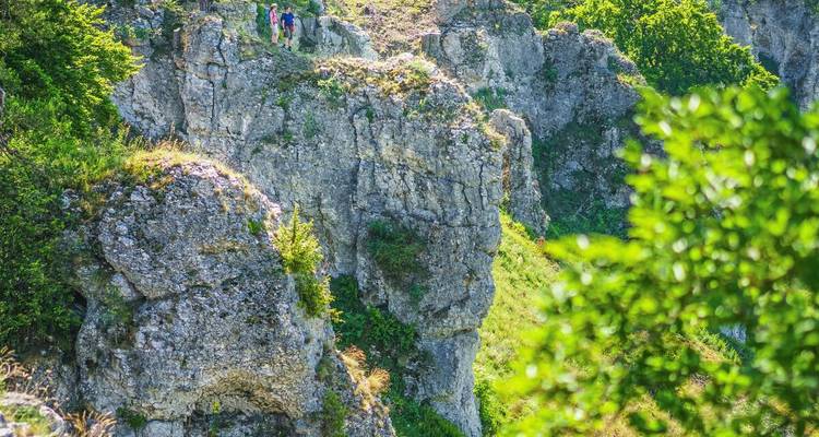 Wandelaars lopen over de top van steile kalkstenen rotsen die deels verborgen zijn door groen in het Altmühltal.