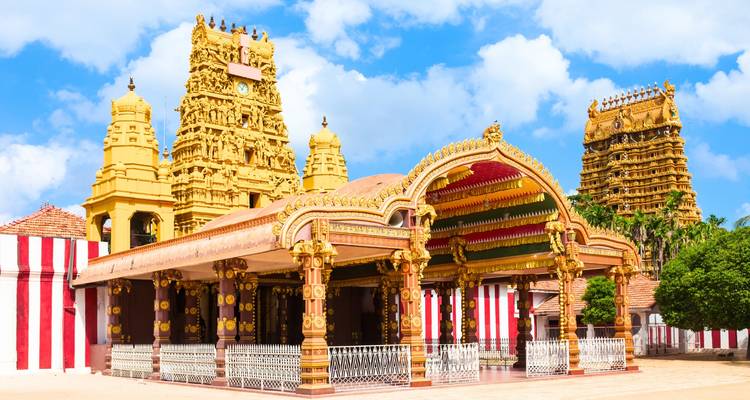 The ornate golden gopurams and striped walls of Nallur Kandaswamy Hindu temple under blue skies.