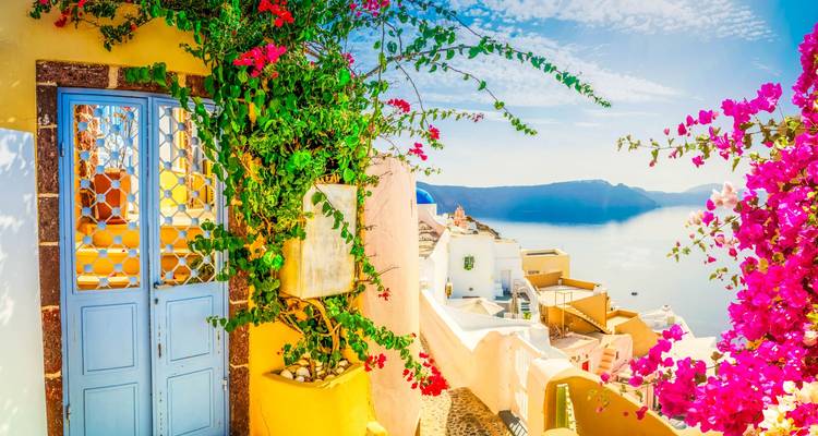 Felgekleurde bougainville en kleurrijke huisjes omlijsten een uitzicht over de Santorini-caldera vanaf de klifkant.