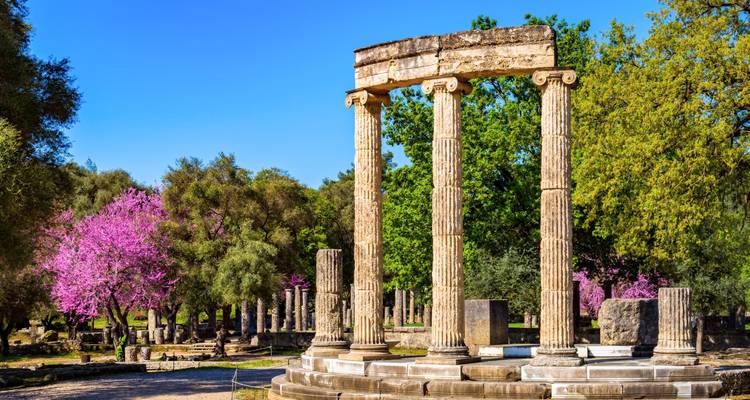 Les anciennes colonnes circulaires d'Olympie entourées d'arbres roses en fleur au printemps.