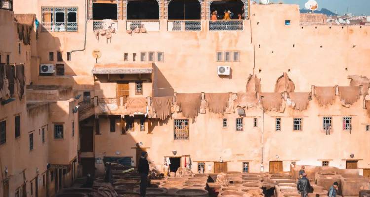 Traditional tannery in Fes with pits and leather hides draped over sun-baked buildings.