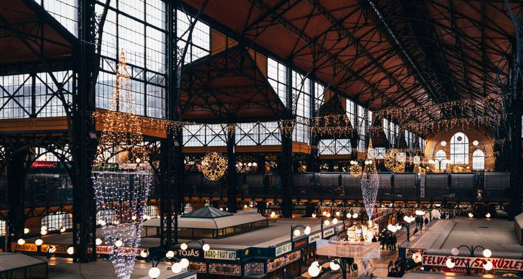 Wide interior of ornate Great Market Hall decorated with festive lights and vendor stalls