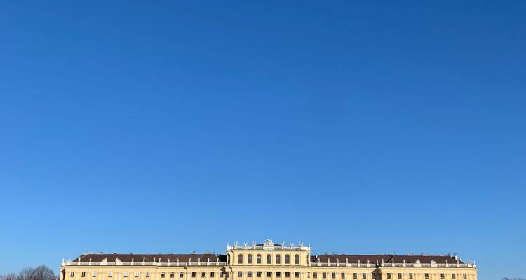 Vista amplia del Palacio de Schönbrunn enmarcado por un cielo azul profundo sin nubes.