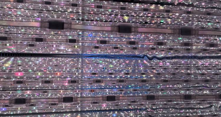 Los brillantes hilos LED multicolores crean un efecto de túnel abstracto.