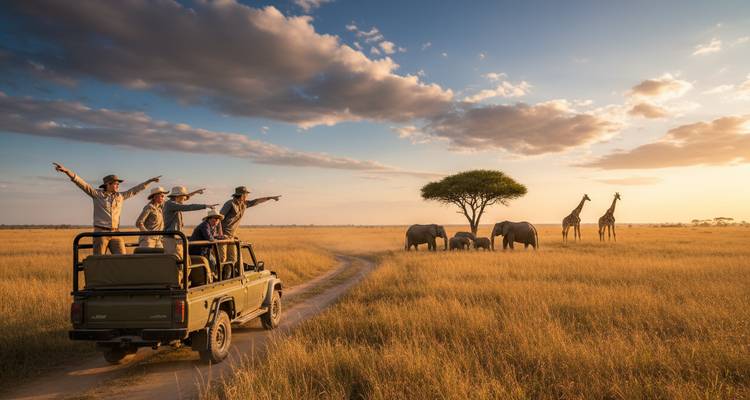Los viajeros en un vehículo de safari señalan emocionados hacia elefantes y jirafas en la sabana al atardecer.