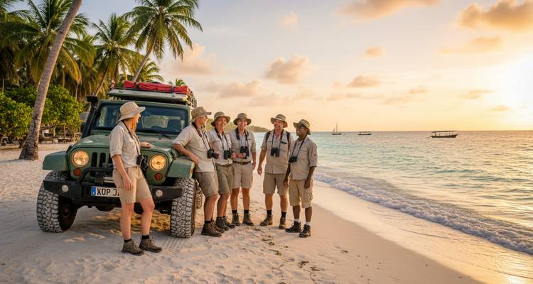 Un grupo de viajeros vestidos para safari están de pie junto a un vehículo 4x4 en una playa tropical al atardecer, con palmeras y un mar tranquilo de fondo.