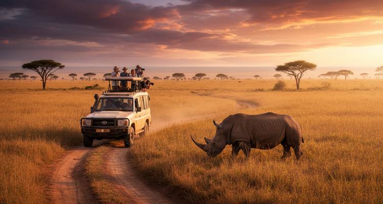 Un vehículo de safari circula por un camino sinuoso mientras los pasajeros fotografían a un rinoceronte solitario que pasta en pasto dorado al amanecer.