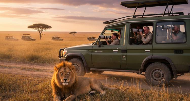 Un majestuoso león macho descansa tranquilamente frente a una jeepeta llena de fotógrafos capturando la foto perfecta mientras otros vehículos de safari pasan en el fondo.