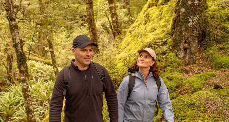 Un couple se promène dans une forêt mousseuse, souriant et appréciant le paysage luxuriant.