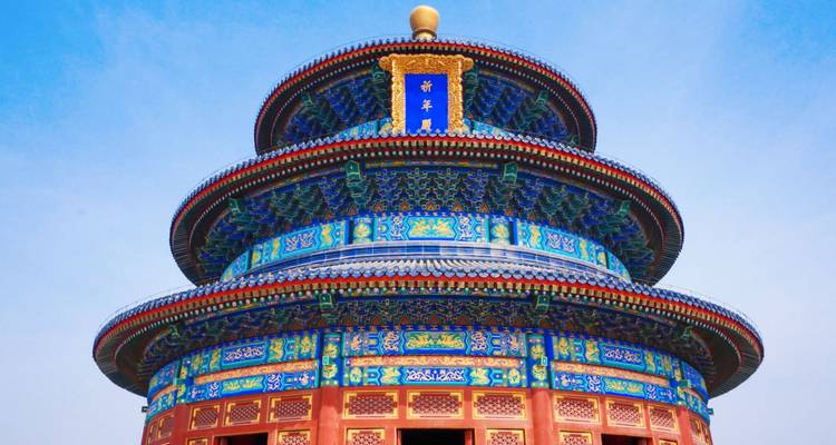 Vibrant close-up of the circular Hall of Prayer for Good Harvests at the Temple of Heaven.