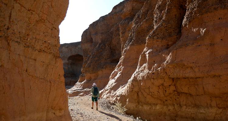 Backpacker walks through towering red rock walls of a desert canyon trail