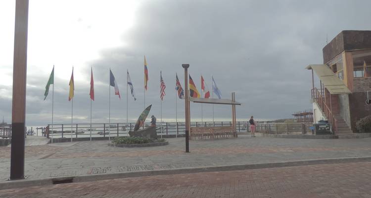Mañana gris en una plaza junto al agua con banderas internacionales y bancos con vistas al mar.