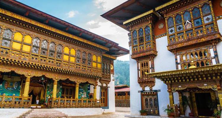 Edificios dzong de Bhután pintados elaboradamente con detalles intricados de madera y oro.