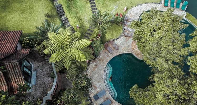 Vista de dron de un resort con jardín exuberante que cuenta con piscinas curvas y palmeras.