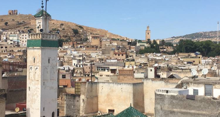 Panorama depuis la terrasse de la médina de Fès avec un minaret aux tuiles vertes et des collines arides au-delà de la ville.