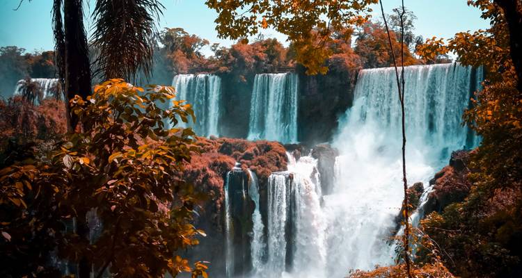 Des feuillages aux teintes automnales encadrent de multiples étages des chutes d'Iguazu sous un ciel bleu