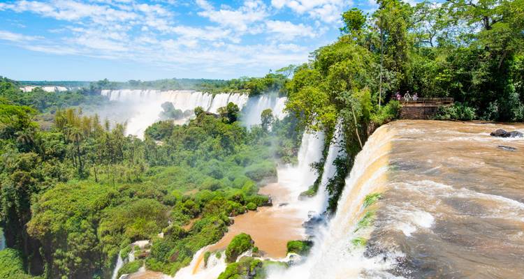Vue panoramique de la Chute d'Iguazu avec verdure luxuriante et plateforme d'observation