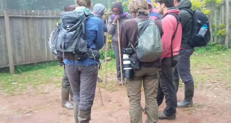 Vue arrière de randonneurs munis de bâtons de marche et de téléobjectifs se rassemblant lors d'une matinée broumeuse.