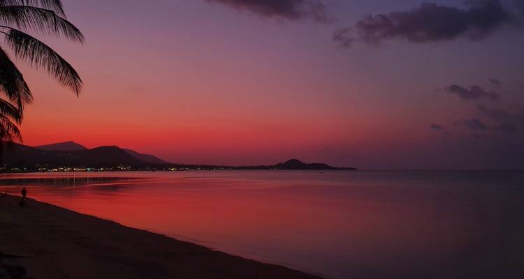 Atardecer tranquilo en tonos rosa y púrpura sobre un mar tropical en calma con la costa silueteada.