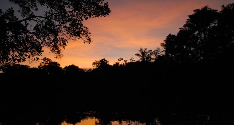 Rustige rivier bij zonsondergang met donkere bossilhouet en levendige oranje-paarse lucht die in het water weerspiegelt.