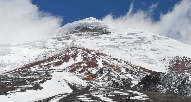 Met sneeuw bedekte Cotopaxi-vulkaan die boven wandelaars uittorent op een rotsachtig alpien pad onder een fris blauwe hemel.