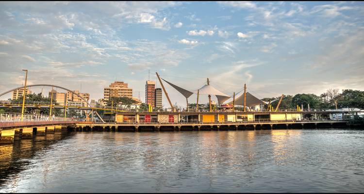 El paseo ribereño y los pabellones modernos del Malecón de Guayaquil brillan con la suave luz de la tarde.