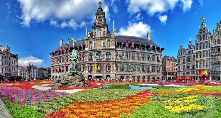 L'hôtel de ville Renaissance orné d'Anvers domine un tapis éblouissant de fleurs colorées sous un ciel lumineux.