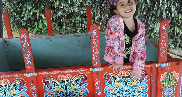 Niña sonriente apoyada en un colorido carrito de bueyes tradicional costarricense