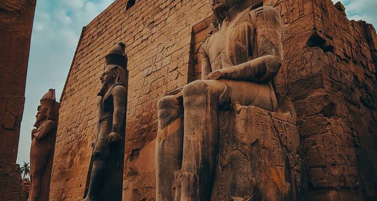 Des statues pharaoniques massives en position assise encadrent les murs du temple, sculptés de hiéroglyphes sous un ciel crépusculaire à Louxor.