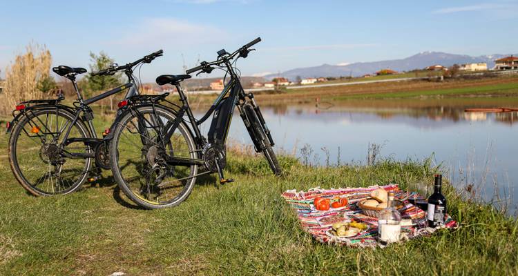 Deux bicyclettes garées près d'un pique-nique au bord d'un lac avec des montagnes en arrière-plan.
