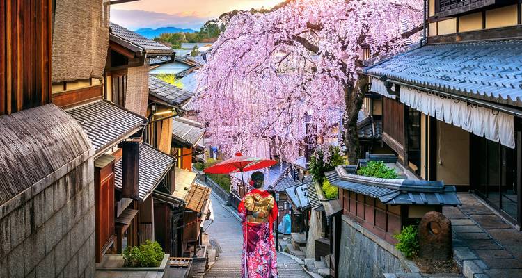 Mujer en kimono tradicional con paraguas rojo camina por una estrecha calle de Kioto bajo flores de cerezo en flor al atardecer
