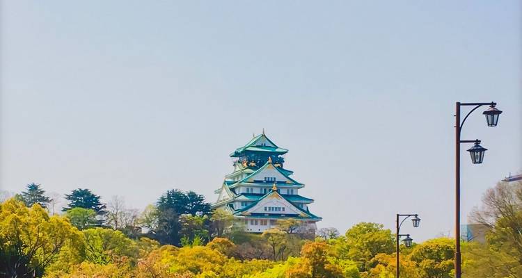 El Castillo de Osaka elevándose sobre árboles verdes en un día despejado