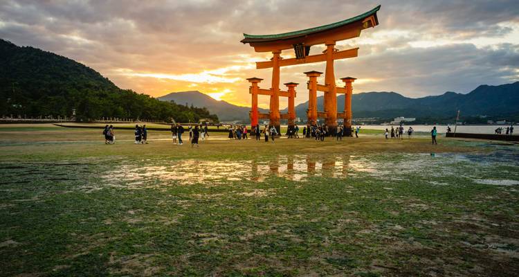 La multitud observa el icónico torii flotante de Miyajima en marea baja durante una puesta de sol colorida