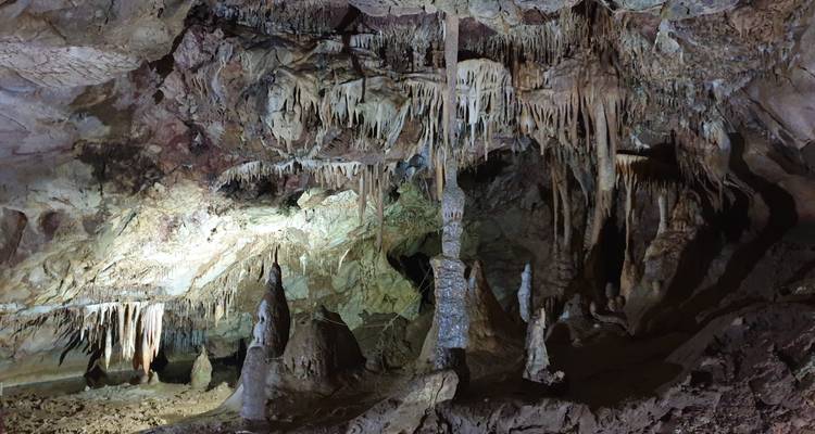 Interior of a limestone cave featuring stalactites, stalagmites, and columns illuminated by artificial light