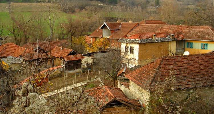 Quiet rural village with earth-toned brick houses and red-tile roofs set among bare trees and fields