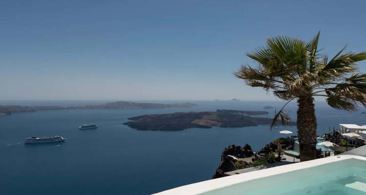 Piscine à débordement et palmier surplombant la caldeira de Santorin avec des navires de croisière sur une eau bleue calme.