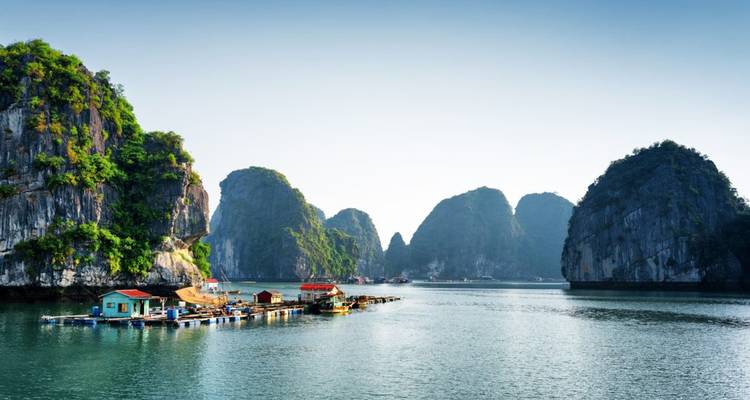 Serene Halong Bay-scène met drijvend vissersdorp en steile kalkstenen eilanden in zacht ochtendlicht.