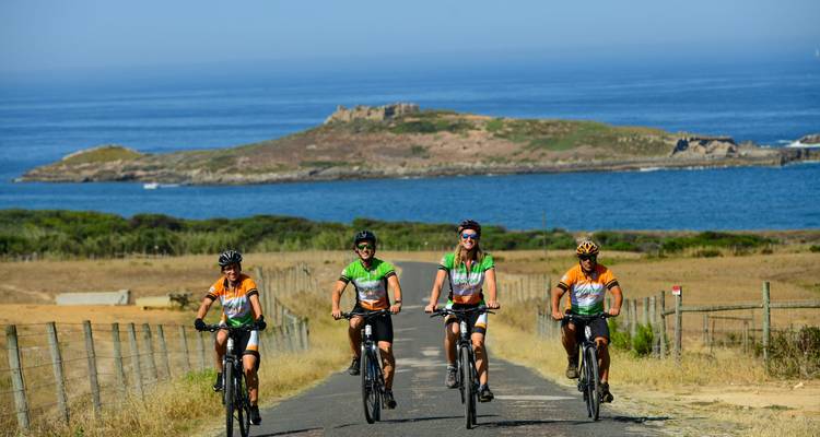Four cyclists ride a narrow rural road with a small island and deep-blue sea in the background.