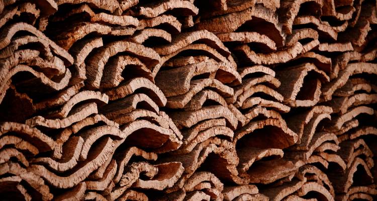 Close-up pattern of stacked cork bark sheets showing wavy textures and earthy colors.