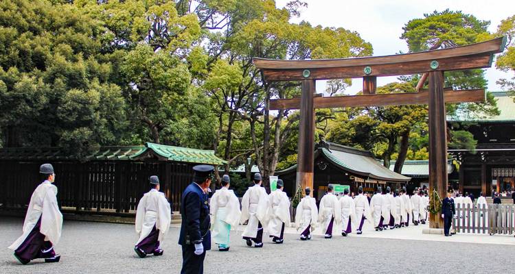 Shintopriesters in witte gewaden lopen in processie onder een groot houten torii-poortje door een heilig bos.