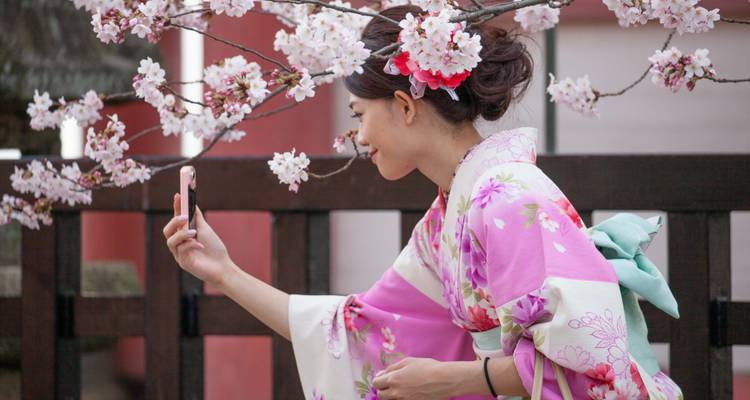Vrouw in roze kimono maakt een foto onder bloeiende kersenbloesemtakken.