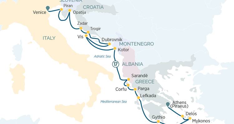 Carte de croisière en Méditerranée reliant Venise, la Grèce et les ports côtiers de l'Adriatique.