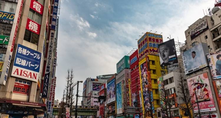 Paisaje callejero lleno de colores neón del distrito de Akihabara con edificios altos cubiertos de carteles