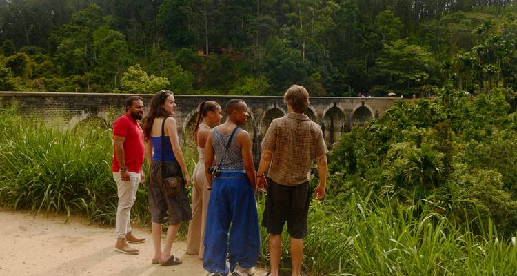 Un pequeño grupo de viajeros observando el famoso puente ferroviario de arcos ubicado en medio de la densa selva de Sri Lanka.