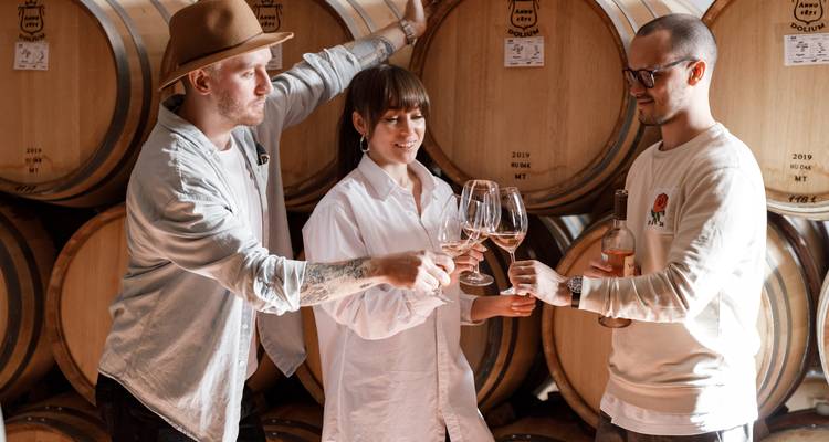 Tres amigos chocan sus copas de vino dentro de una bodega de barriles de roble durante una sesión de degustación.