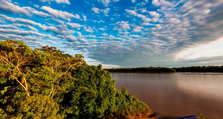 Lumière dorée du soir sur un large fleuve Amazone brun et une jungle dense sous un ciel dramatique chargé de nuages.