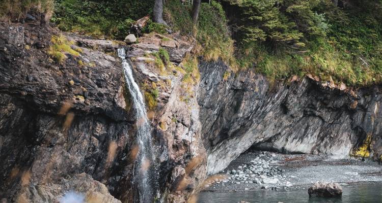 Coastal cliff waterfall trickling into a secluded cove fringed by forest